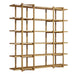 Angled front view of Crate & Barrel Thomas Barley Oak Wood Wide Open Bookcase/Room Divider displaying its wide open shelving and natural barley oak finish