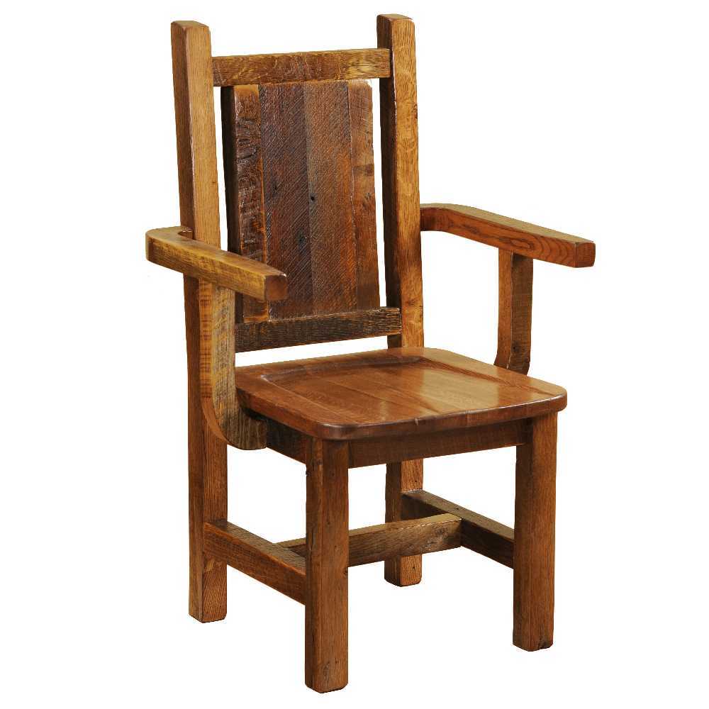 Angled front view of Fireside Lodge Barnwood Artisan Dining Arm Chair featuring its rustic frame, vertical back slats, and flat wood seat