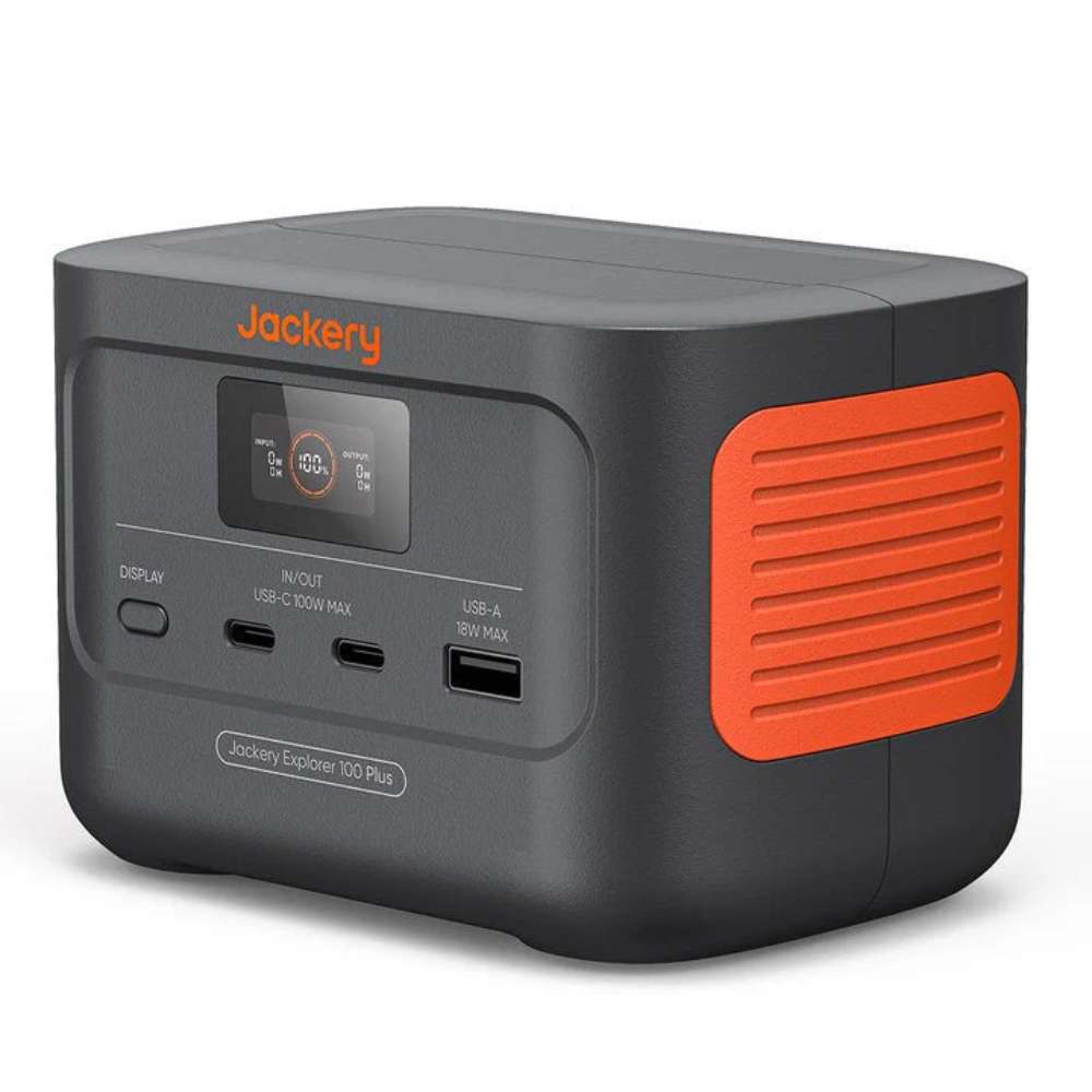 Angled front view of Jackery Explorer 100 Plus Portable Power Station with Mini Carrying Bag showing its display and charging ports