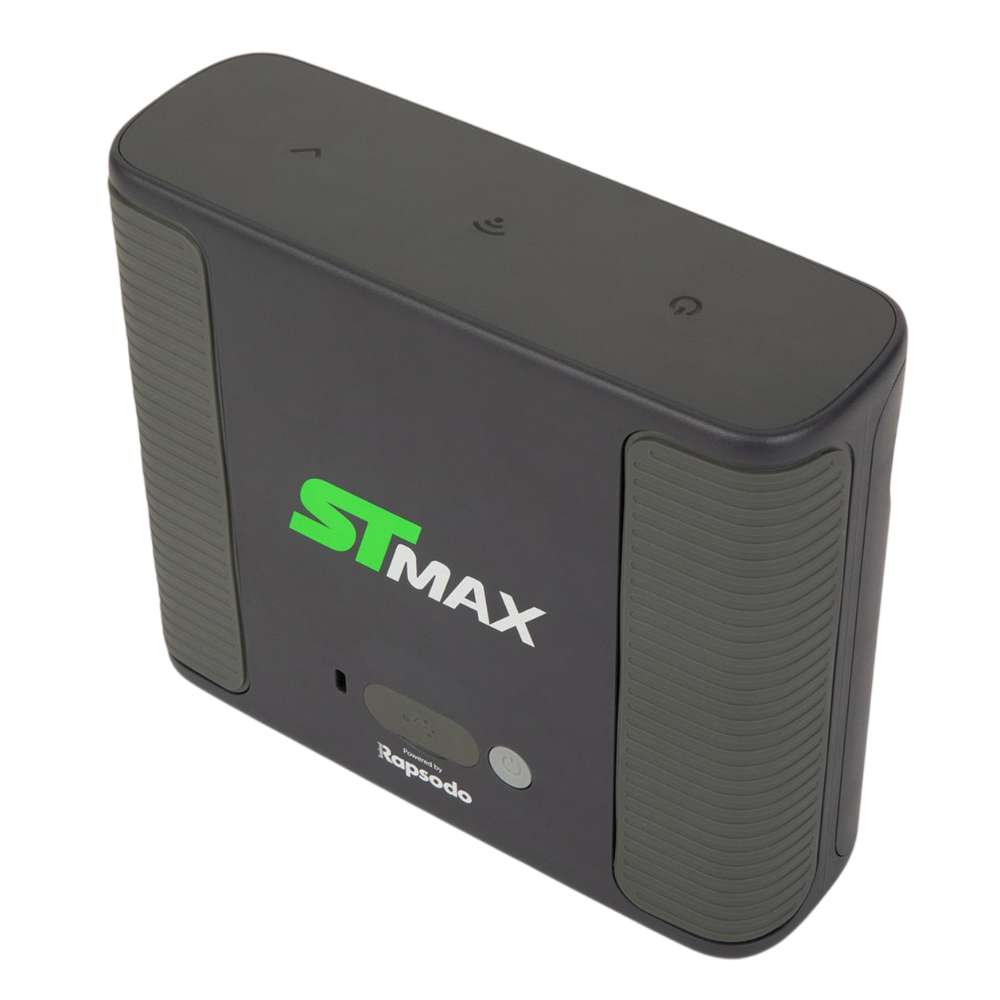 Angled front view of SKYTRAK ST MAX Launch Monitor featuring its green logo, textured side panels, and top indicator symbols