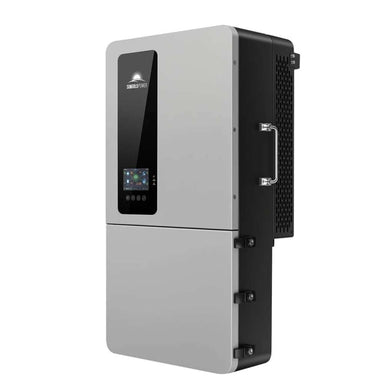 Angled front view of Sun Gold Power 12000W 48V All-in-One Hybrid Solar Inverter showing its slim enclosure, display screen, and side cooling vents