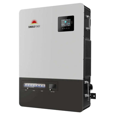 Angled front view of Sun Gold Power 18000W 48V Commercial Three-Phase All-in-One Solar Charge Inverter with an LCD screen and integrated circuit breaker panel