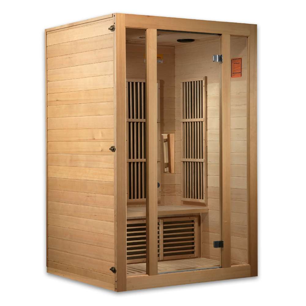 Angled further from the left, Golden Designs Maxxus Seattle 2 Person Near Zero EMF Far Infrared Sauna shows its full hemlock side wall and exterior control panel