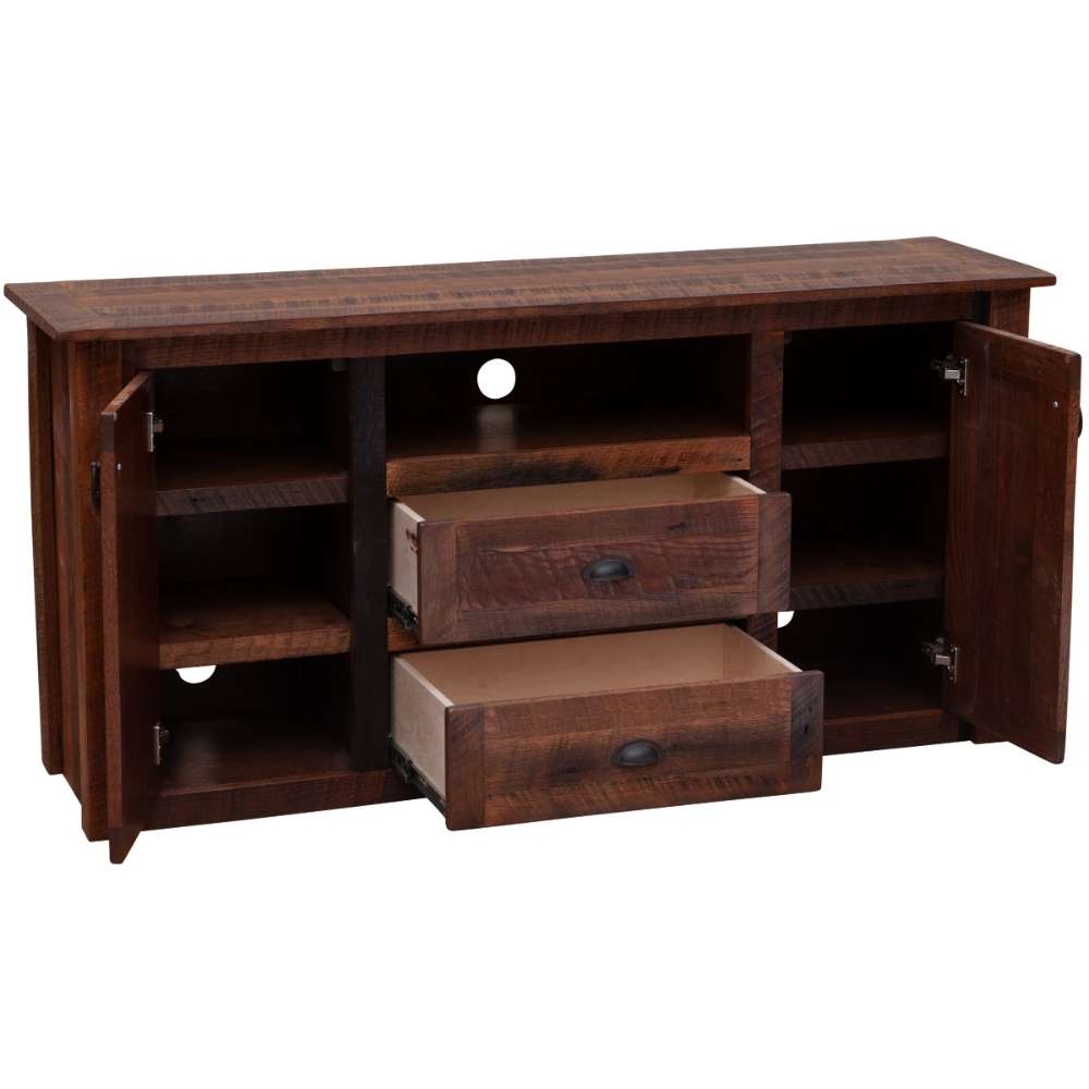 Angled open-front view of Fireside Lodge Barnwood Widescreen Television Stand shows both cabinet doors open and drawers extended