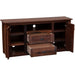 Angled open-front view of Fireside Lodge Barnwood Widescreen Television Stand shows both cabinet doors open and drawers extended
