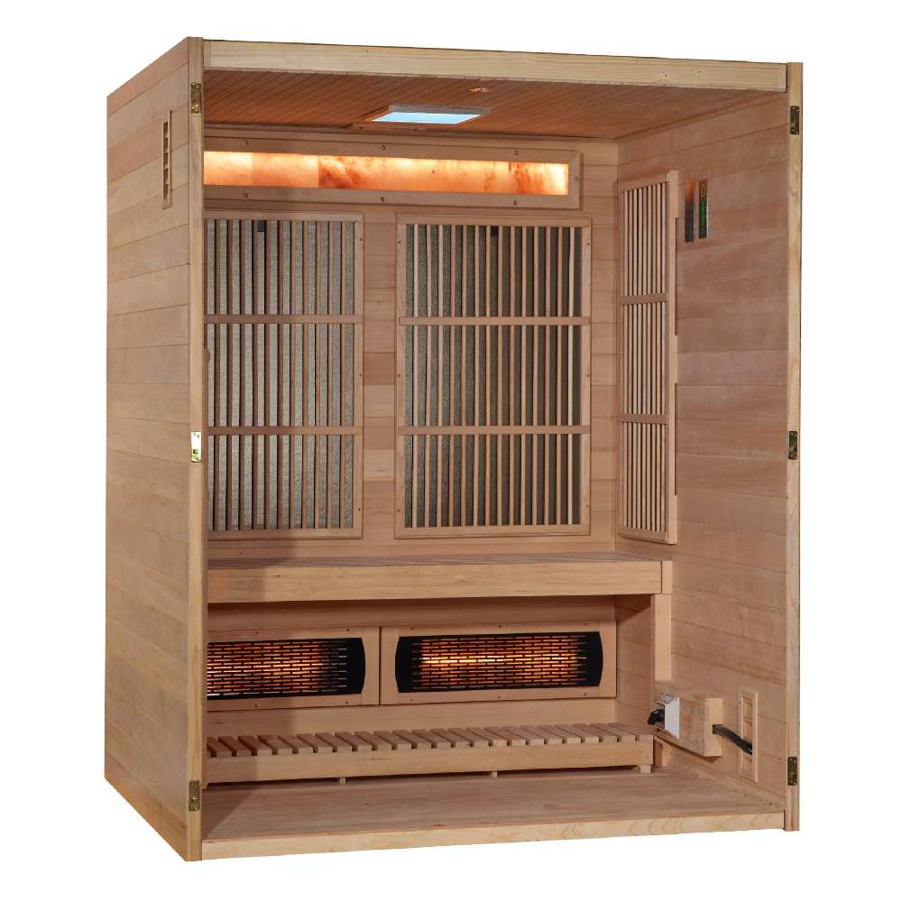 Angled open view of Golden Designs Soria 3 Person Indoor Hybrid Sauna with Full Spectrum IR and Harvia Stove showing the salt bar, carbon panels, bench and near infrared heaters