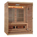 Angled open view of Golden Designs Soria 3 Person Indoor Hybrid Sauna with Full Spectrum IR and Harvia Stove showing the salt bar, carbon panels, bench and near infrared heaters