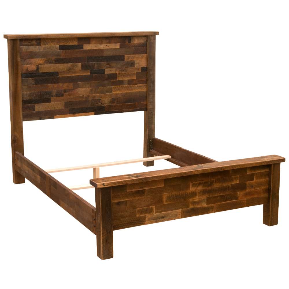 Angled perspective displays Fireside Lodge Barnwood Americana Bed without bedding, revealing its open interior frame, strong legs, and barnwood panels on all sides
