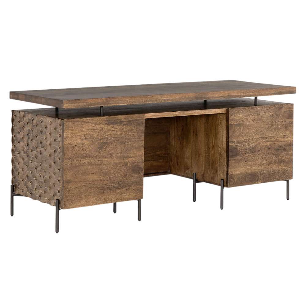 Angled rear view of Crate & Barrel Raffael Carved Wood Executive Desk with both storage doors closed and a clean workspace design