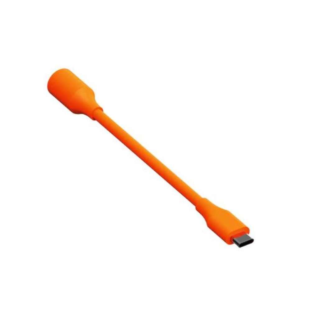Angled rear view of Jackery Adapter DC8020 to USB-C showing the orange cable, USB-C connector, and protective molded connector housing