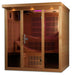Angled side view of Golden Designs Monaco Near Zero EMF Far IR Sauna with purple ceiling light glowing above its tinted glass front and silver door handle