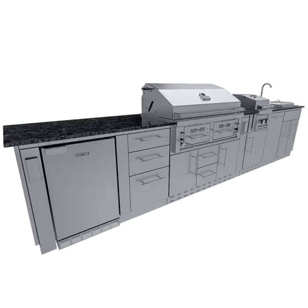 Angled side view of Sunstone Dallas 14ft Outdoor Kitchen Island Package with Gas Hybrid Charcoal Grill highlighting drawers and grill