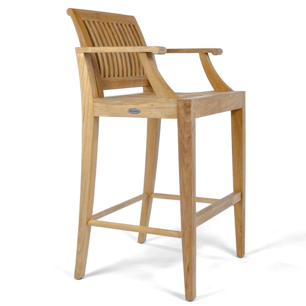 Angled teak bar chair with armrests and slatted back from Westminster Teak Laguna 5pc Teak High Bar Set on a clean white background