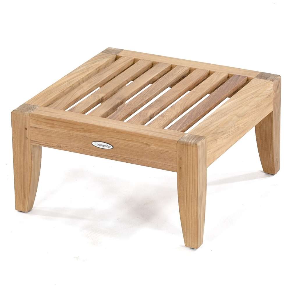 Angled top view of Westminster Teak Laguna Ottoman showing its slatted teak surface and thick, durable legs