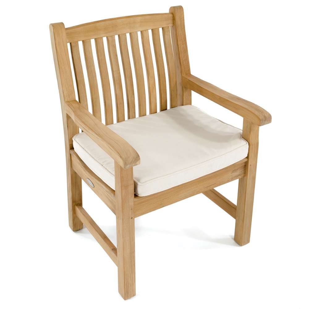 Angled top view of Westminster Teak Veranda Teak Armchair highlights its armrests, slatted back, and light-colored cushion on a clean white background