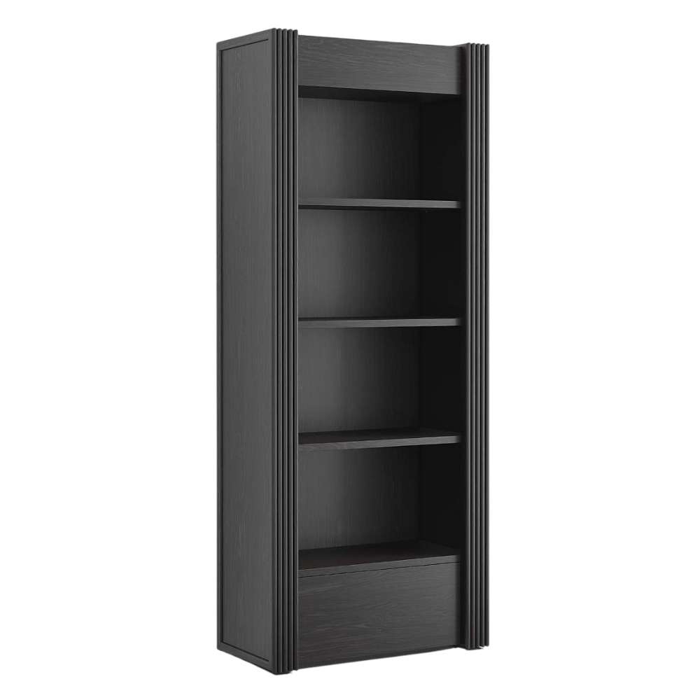 Angled view highlighting Crate & Barrel Siena 34" Black Wood 4-Shelf Storage Bookcase with Drawer with open shelving and fluted details