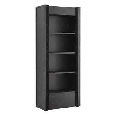 Angled view highlighting Crate & Barrel Siena 34" Black Wood 4-Shelf Storage Bookcase with Drawer with open shelving and fluted details