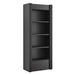 Angled view highlighting Crate & Barrel Siena 34" Black Wood 4-Shelf Storage Bookcase with Drawer with open shelving and fluted details