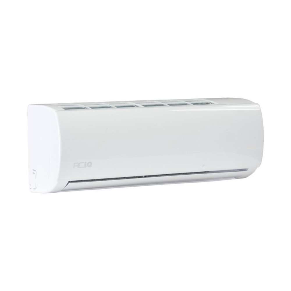 Angled view highlights the slim white housing and lower air outlet of ACiQ 9000 BTU Essentials 21 SEER2 Single Zone Wall Mount Mini Split Heat Pump System