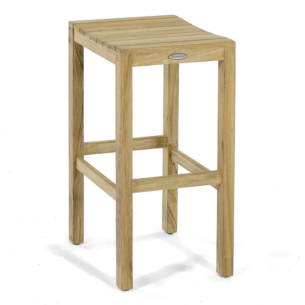 Angled view highlights the smooth teak wood grain and clean lines of Westminster Teak Somerset Backless Bar Stool against a plain white background