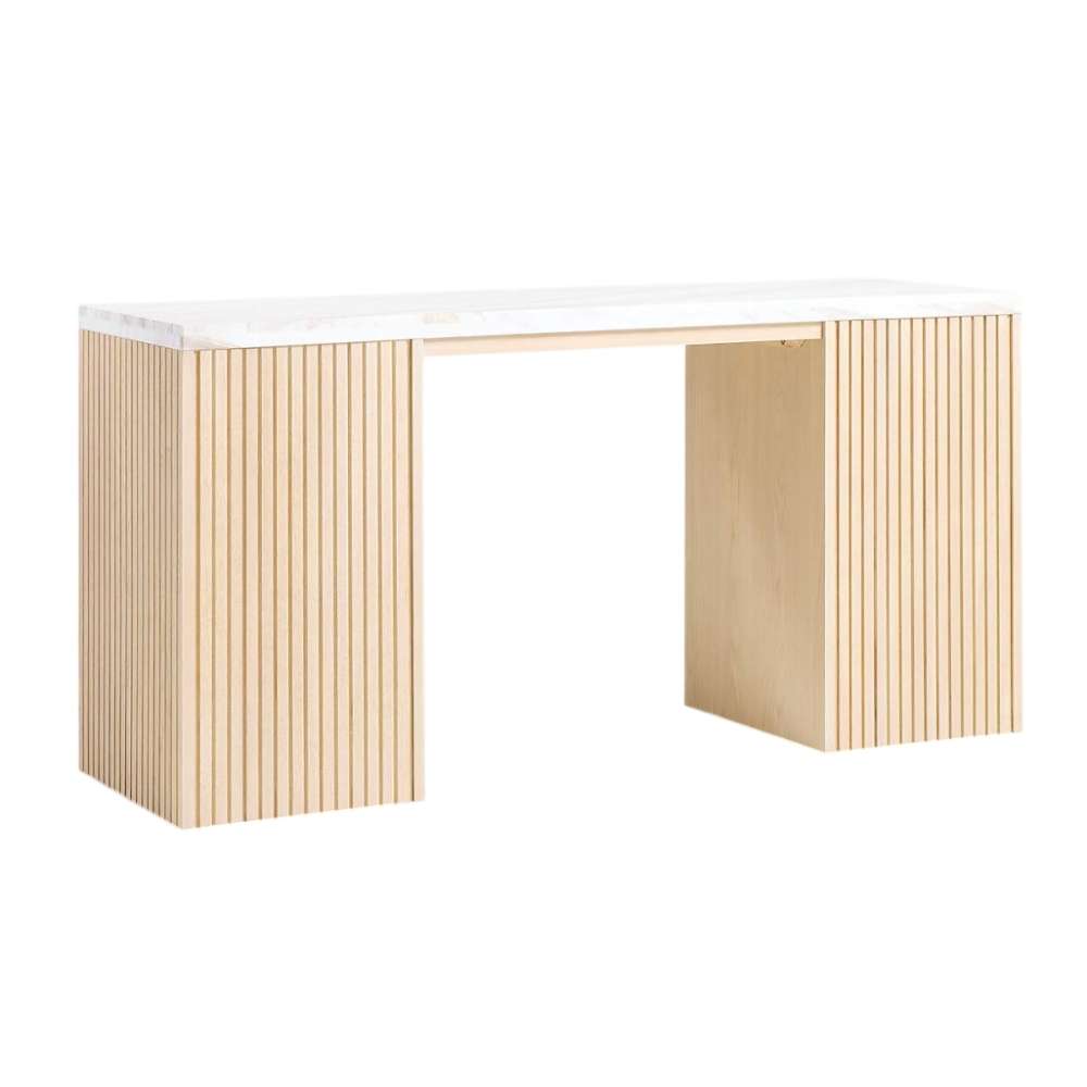 Angled view of Crate & Barrel Batten 62" White Oak Wood Console Desk with White Marble Top featuring a fluted white oak base and marble surface