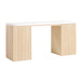 Angled view of Crate & Barrel Batten 62" White Oak Wood Console Desk with White Marble Top featuring a fluted white oak base and marble surface