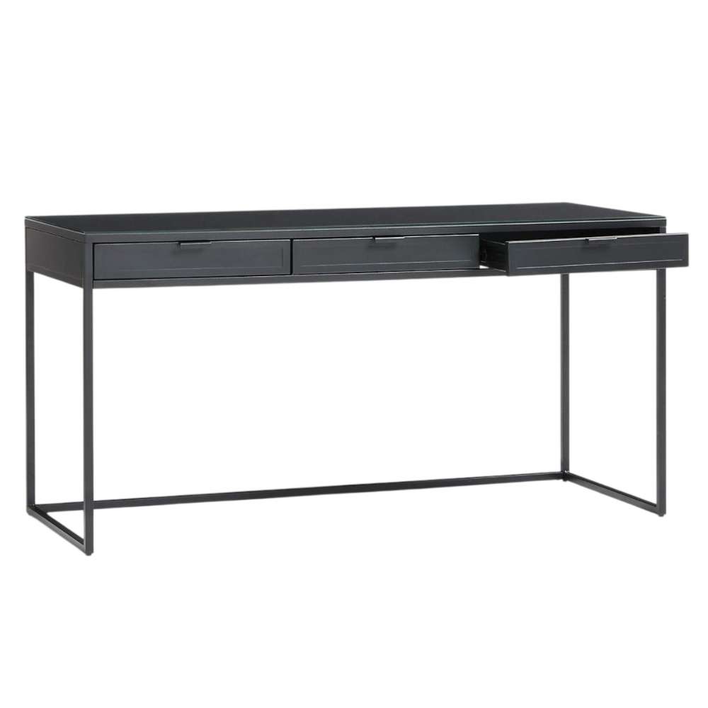 Angled view of Crate & Barrel Casement 60" Black Metal Desk with one drawer open to show built-in storage space