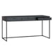 Angled view of Crate & Barrel Casement 60" Black Metal Desk with one drawer open to show built-in storage space