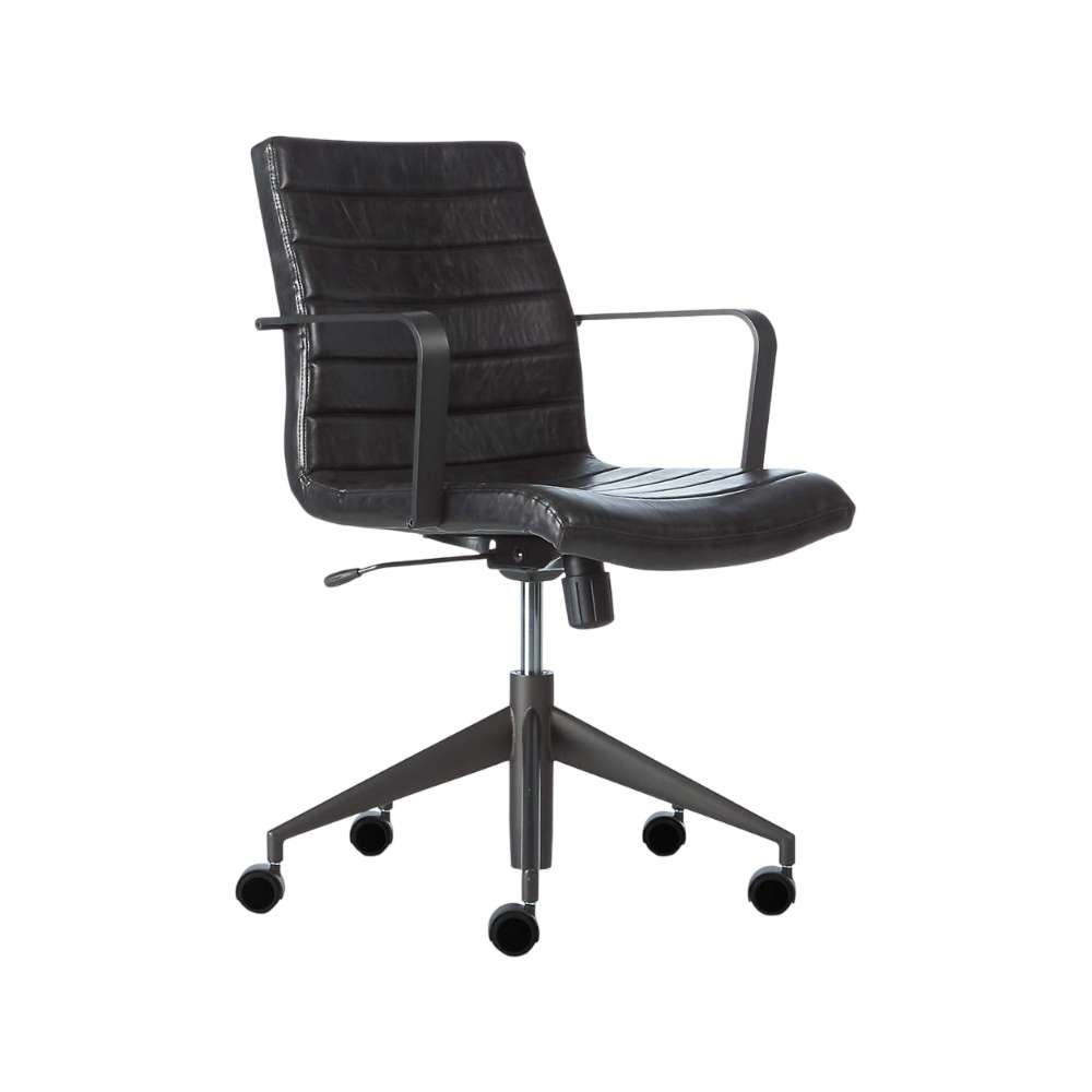 Angled view of Crate & Barrel Graham Black Office Chair with black upholstery and rolling casters