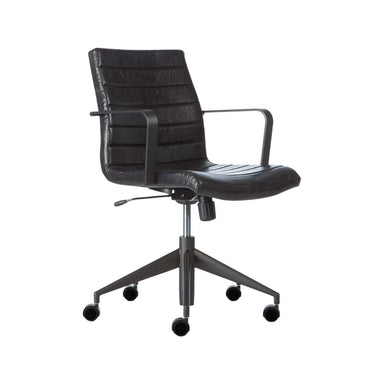 Angled view of Crate & Barrel Graham Black Office Chair with black upholstery and rolling casters