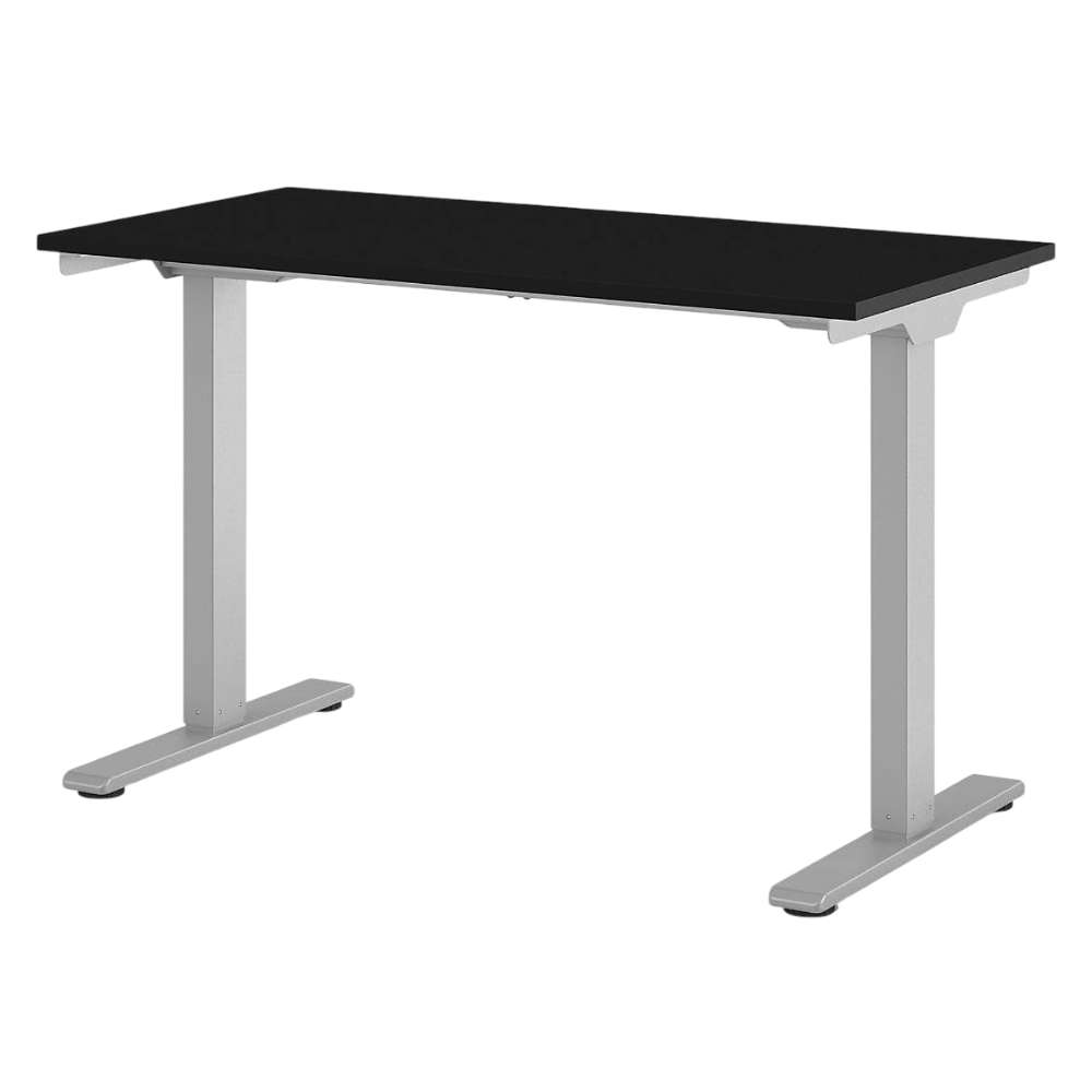 Angled view of Crate & Barrel Humanscale® eFloat Go 2.0 48" Black Adjustable Standing Charging Desk with a sleek black surface and sturdy metal legs