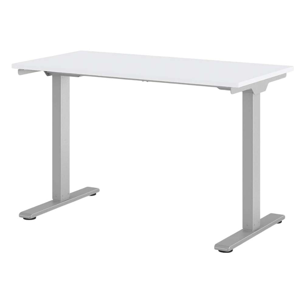 Angled view of Crate & Barrel Humanscale® eFloat Go 2.0 48" White Adjustable Standing Charging Desk showing the clean white surface and sturdy metal legs