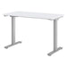 Angled view of Crate & Barrel Humanscale® eFloat Go 2.0 48" White Adjustable Standing Charging Desk showing the clean white surface and sturdy metal legs