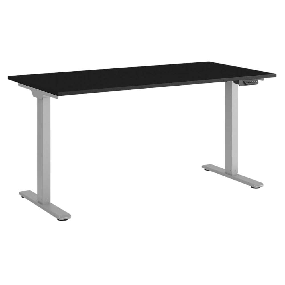 Angled view of Crate & Barrel Humanscale® eFloat Go 2.0 60" Black Adjustable Standing Charging Desk showing the built-in height control panel