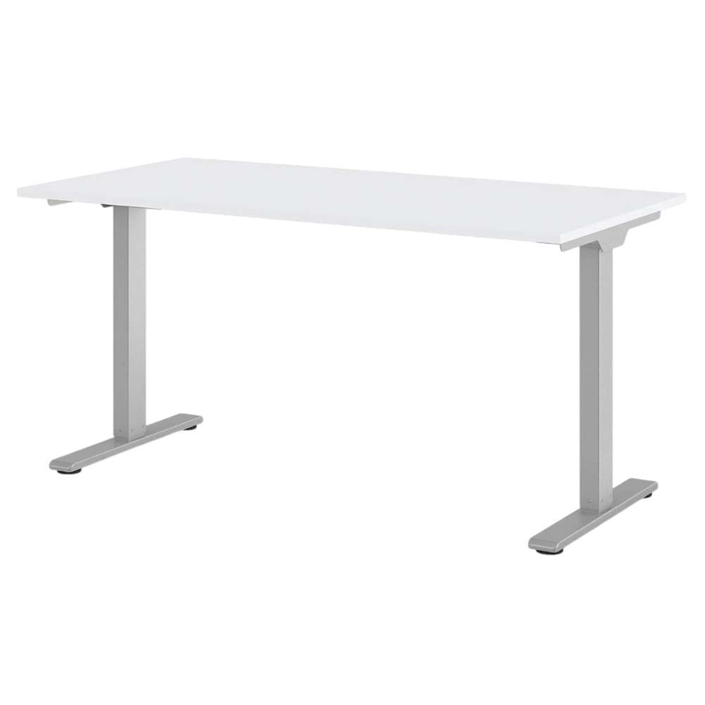 Angled view of Crate & Barrel Humanscale® eFloat Go 2.0 60" White Adjustable Standing Charging Desk with a sleek white surface and sturdy metal legs