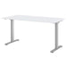 Angled view of Crate & Barrel Humanscale® eFloat Go 2.0 60" White Adjustable Standing Charging Desk with a sleek white surface and sturdy metal legs