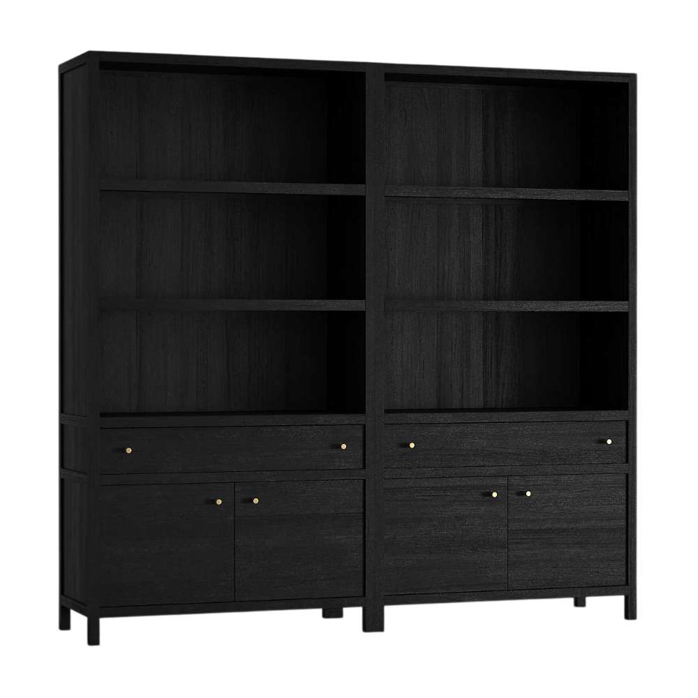 Angled view of Crate & Barrel Keane 40" Black Wood Storage Bookcase, Set of 2 highlighting its black wood finish and spacious storage design