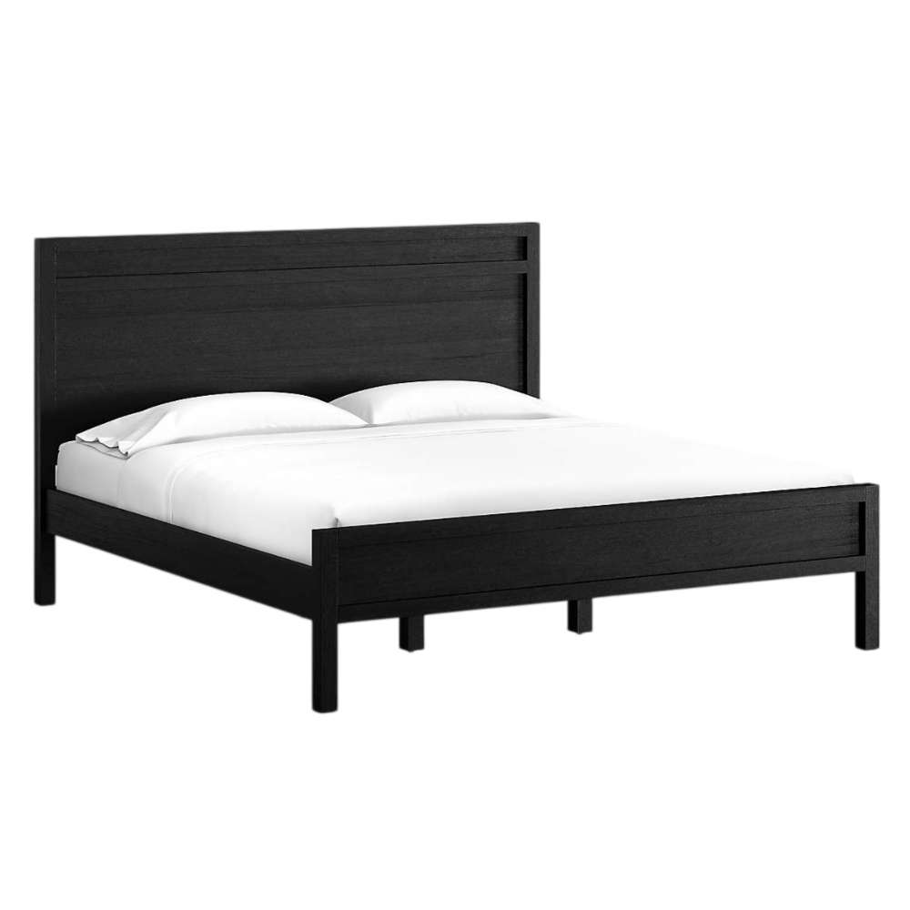Angled view of Crate & Barrel Keane Black Solid Wood King Bed displaying its minimalist black solid wood frame with clean, modern lines