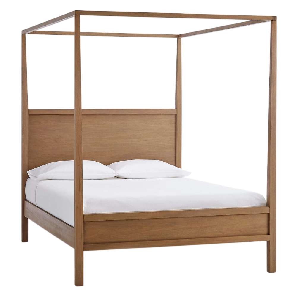 Angled view of Crate & Barrel Keane Solid Driftwood Queen Canopy Bed with its open canopy frame and solid wood design