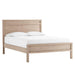 Angled view of Crate & Barrel Keane Weathered Natural Solid Wood Queen Bed with a light wood frame and crisp white bedding