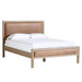 Angled view of Crate & Barrel Keane Weathered Natural Wood and Leather Queen Bed featuring a weathered natural wood frame and brown leather panels
