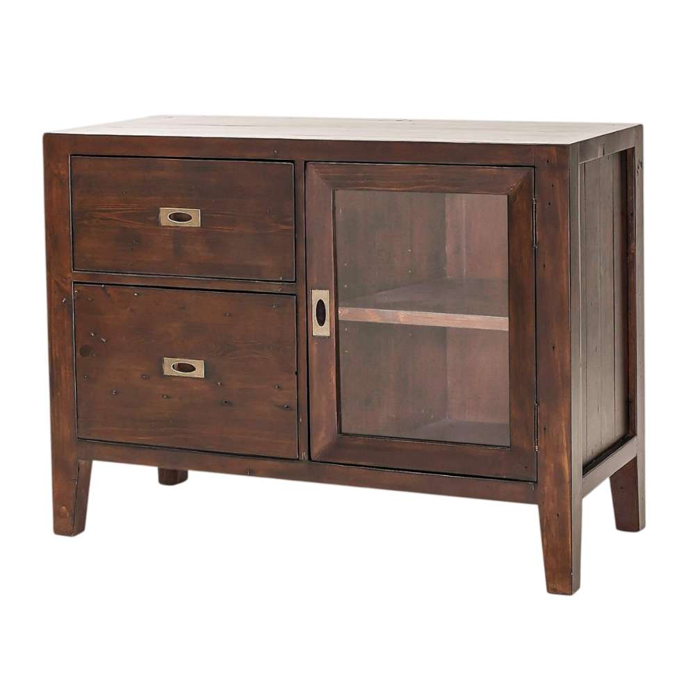 Angled view of Crate & Barrel Morris Chocolate Brown Credenza highlighting its wood grain, glass door, and brass-tone hardware