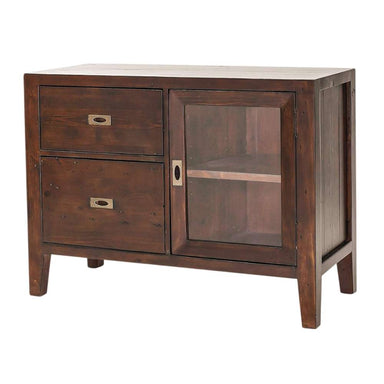 Angled view of Crate & Barrel Morris Chocolate Brown Credenza highlighting its wood grain, glass door, and brass-tone hardware