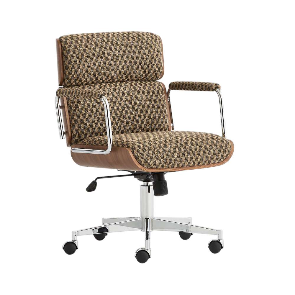 Angled view of Crate & Barrel Palmer Upholstered and Wood Paneled Office Chair with plush cushioning, textured upholstery, and chrome armrests