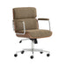 Angled view of Crate & Barrel Palmer Upholstered and Wood Paneled Office Chair with plush cushioning, textured upholstery, and chrome armrests