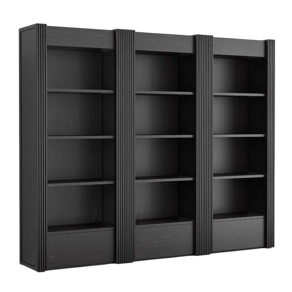 Angled view of Crate & Barrel Siena 102" Black Wood 4-Shelf Storage Bookcase with Drawer, Set of 3 featuring black wood construction fluted details and three storage drawers