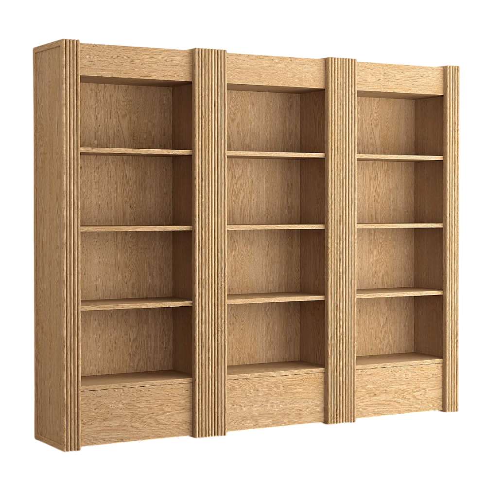 Angled view of Crate & Barrel Siena 102" Natural Wood 4-Shelf Storage Bookcase with Drawer, Set of 3 showing fluted details, four open shelves each, and bottom drawers