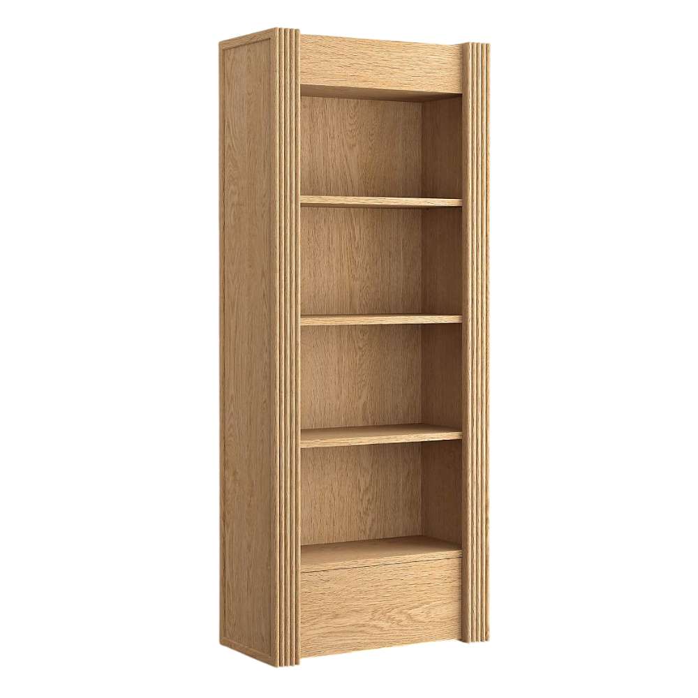 Angled view of Crate & Barrel Siena 34" Natural Wood 4-Shelf Storage Bookcase with Drawer featuring four open shelves and fluted wood details