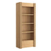 Angled view of Crate & Barrel Siena 34" Natural Wood 4-Shelf Storage Bookcase with Drawer featuring four open shelves and fluted wood details