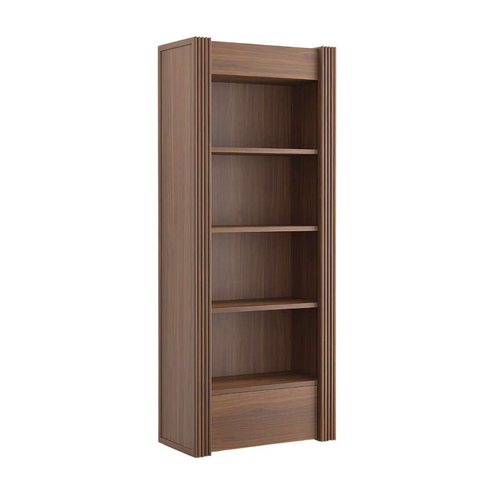 Angled view of Crate & Barrel Siena 34" Walnut Wood 4-Shelf Storage Bookcase with Drawer featuring four open shelves and a lower drawer